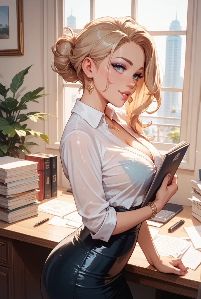 Melancholy lighting, Take it easy, calm, shine, masterpiece, best quality, 1 girl, (JinxLol: 1.2), (ultra photorealistic: 1.3), (masterpiece: 1.4), best quality, ((realistic)), high quality, Ultra Detailed, ((real image)), ((realistic skin)), ((realistic face)), (illustration: 1.05), (beautiful: 1.05), (beautiful detailed eyes: 1.05), (cinematic light: 1.1), full body, accurate proportions, 25-year old girl, CURVY model (wearing sexy outfit :1.6), (exposing big boobs:1.7), (sitting on the desk :1.7) (wearing glasses :1.2), (office setting :1.6), waves, BLOND hair fluttering in the wind, long legs, slightly open feet, butt, blushing, shyness, clavicle, abs, double texture, beautiful and delicate face, fair skin, real skin, (face detail), couples, super high res, 8k, parameters Best quality, masterpiece, super high res, (Realistic 2.0), more details, detailed skin, wide smile, white teeth, VOLUMINOUS GINGER BLONDIE hair, perfect and well-drawn eyes, girlfriend, cute, pretty, studio illumination, (((PERFECT EVEN EYES:1.2)))