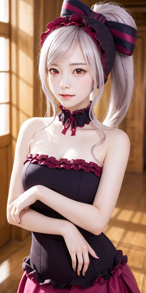 , best quality, Shalltear V4, 1 girl, alone, skirt, decorate, bow, hair bow, direction, faint smile, pale skin, luminescent, luminescent eyes, portrait