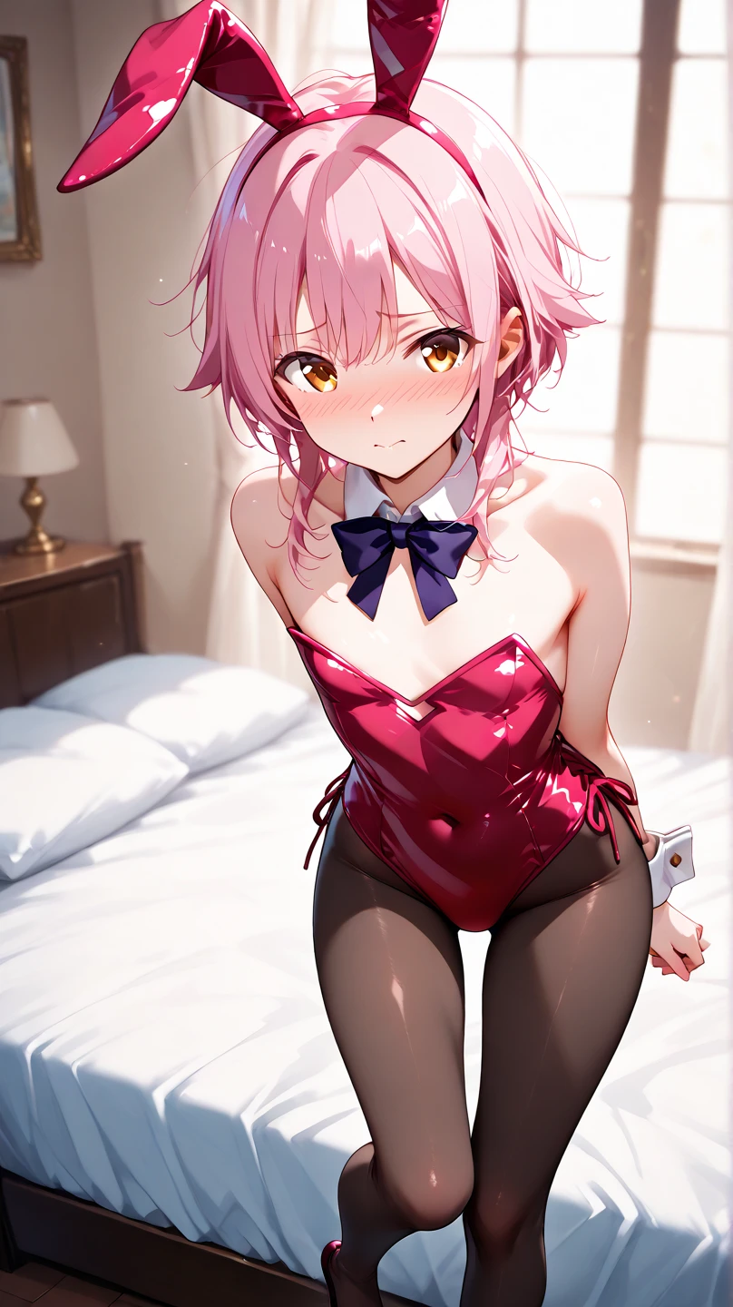(Light pink hair),(short-hair),(Green eyes),(With bangs),(Inside the store at night with beautiful illuminations),(A room lit by a fireplace or candlelight),((Christmas tree)),(Dressed with ribbons wrapped all over the body:1.4),(Bare ribbon),(Body Wrapping:1.6),((Hug me to hide your chest)),(white fluffy underwear),Smile,Slight red tide,(Kamimei),((Perspective from above)),(close up of face:1.35),(Lying on your back in bed:1.3),(red and gold and silver and black:1.25),(Red Ribbon:1.35),(Perspective from below),