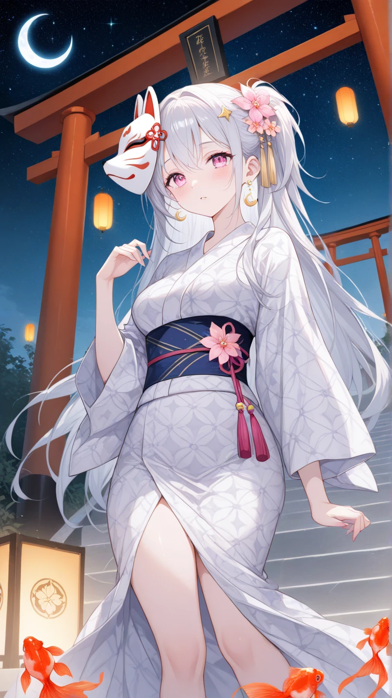 masterpiece, 1girl, best quality, beautiful detailed eyes, perfect face, beautiful detailed face, looking at viewer, sigma 400mm f1.8, photo fine print, amazing sharp focus, ultra detailed, yellow eyes, long hair, white hair, kimono, smile, animal ears, long sleeves, stairs, torii, sitting, floral print, medium breasts, <lyco:GoodHands-beta2:1.0>