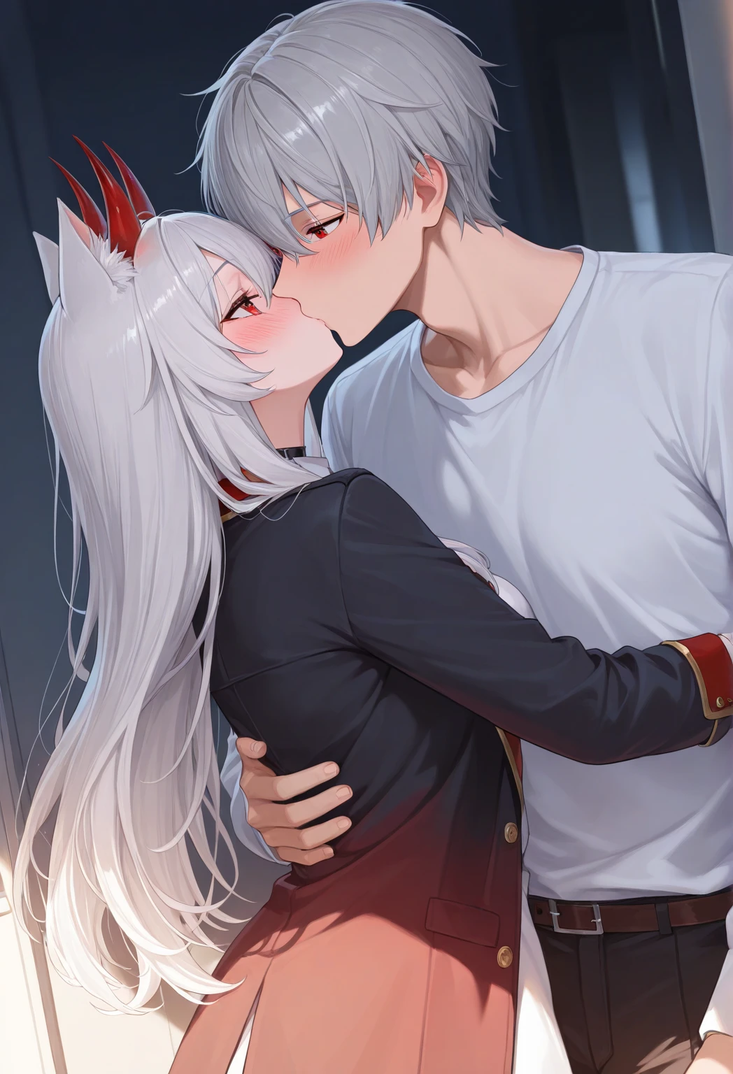 NSFW,Hololive,shirakami fubuki,Gray Hair,Fox Ears,White blouse、(abdomen:1.2)、Removable sleeves、Black shorts、Blue neckerchief、Thigh straps、Single thigh length、Gray Hair、One-sided knitting,Open clothes,(Perfect hands),(Perfect ???????),(masterpiece),(highest quality),Embarrassed,blush,(??????:1.5),(??????? face:1.8),(Sweat:1.5),Open your mouth、Sticking out tongue,Keep your butt up,trembling,(One Man:1.5),(Deep Kiss:1.5),Love Hotel,Luxury Room