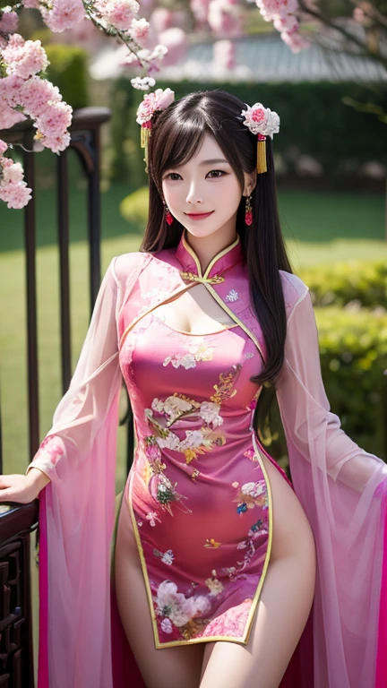 (masterpiece:1.4), (best quality:1.4), ultra high res, ultra high resolution, ((detailed facial features)), HDR, (realistic, photorealistic, photo-realistic:1.37), full body Esbian, sexy Vietnamese model, (-anime), vivid colors, ((vivid colors multicolor (red, fuchsia) very short hair)), (happy smile), lip-gloss, long lashes, beautiful makeup, defined eyebrows, wearing large sparkling colorful jewelery, wearing a red silk Paradise Kiss cosplay dress with black floral embroidery, ((vivid colors outfit)), vivid colors, look at the camera, cinematic light, large park background with trees, sweet and sexy pose