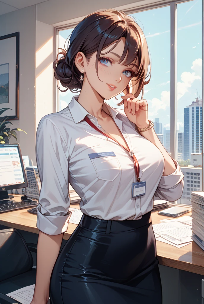 masterpiece, best quality, sunset, cowboy shot, mature woman, bob hairstyle, black hair, mature face, hot face, sharp eyes, medium breasts, curvy body, hazel eyes, business clothes, looking at viewer, very close to viewer, face to face, tough appearance, in the office
 ((looking serious), 