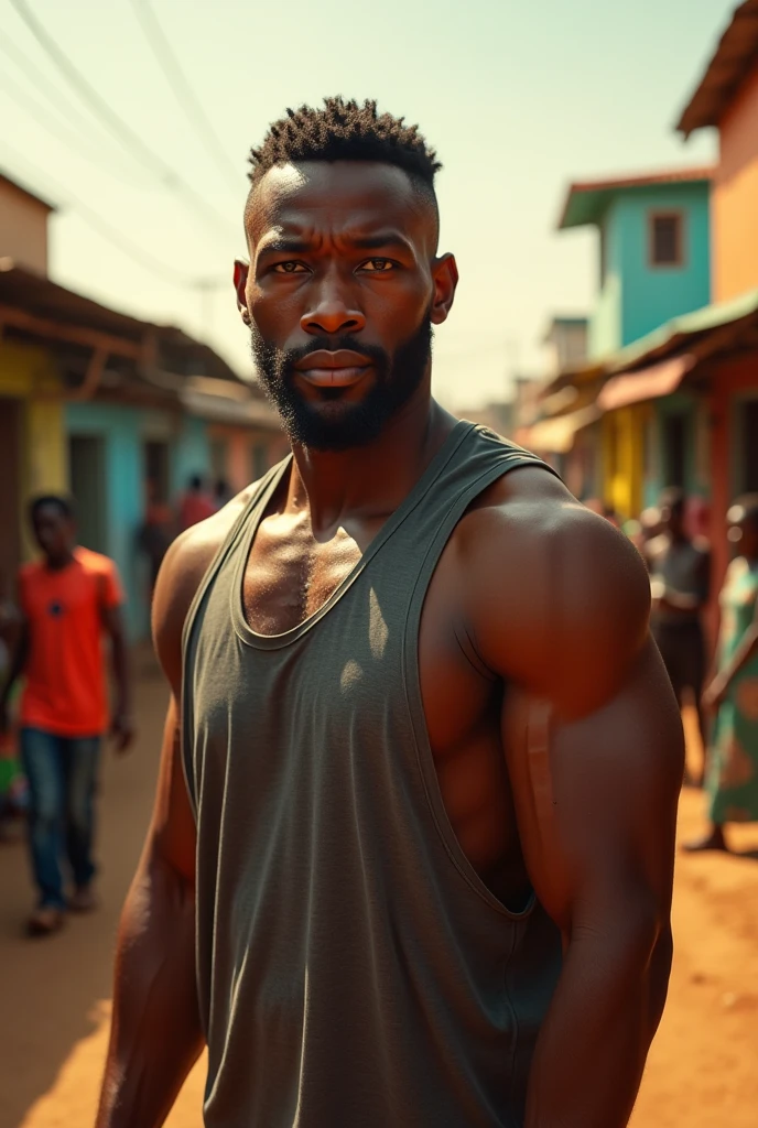 A young black man with an athletic body in the city on the street in Portugal, iPhone 14 style photo