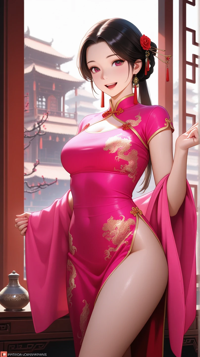 (masterpiece:1.2, Highest quality,High resolution,Very detailed),8k,wallpaper,1 female,(((Ray Tracing))),1 girl,A woman is standing,Thick thighs,front,look at me,((smile)),Beautiful cheongsam,(((Beautiful female hands,Detailed hands))),(((Heart Hands:1.5))),(((Intricate designs and patterns inspired by Asian art)))