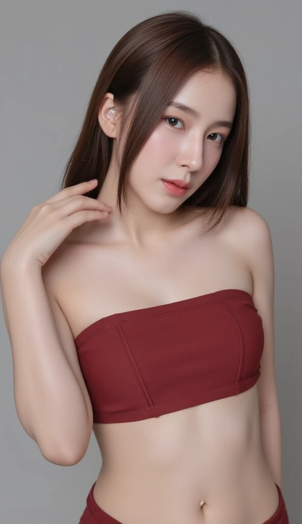 jennie1,1girl, solo, (realistic),(hyperrealism),(best quality),(masterpiece),(ultra high res),(photorealistic),(film grain),(upper body),eye makeup,detailed eyes,detailed face, ginger hair, midriff, micro bikini, posing for a photo, simple background