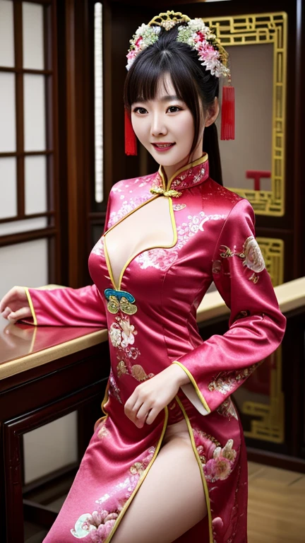 1 girl,trunk,fashion girl,chinese dress,Chinese clothing,hair flower,(work of art:1.4),(best qualityer:1.4),(shining skin),Red lips,looking ahead at viewer,breasts big,parted lips