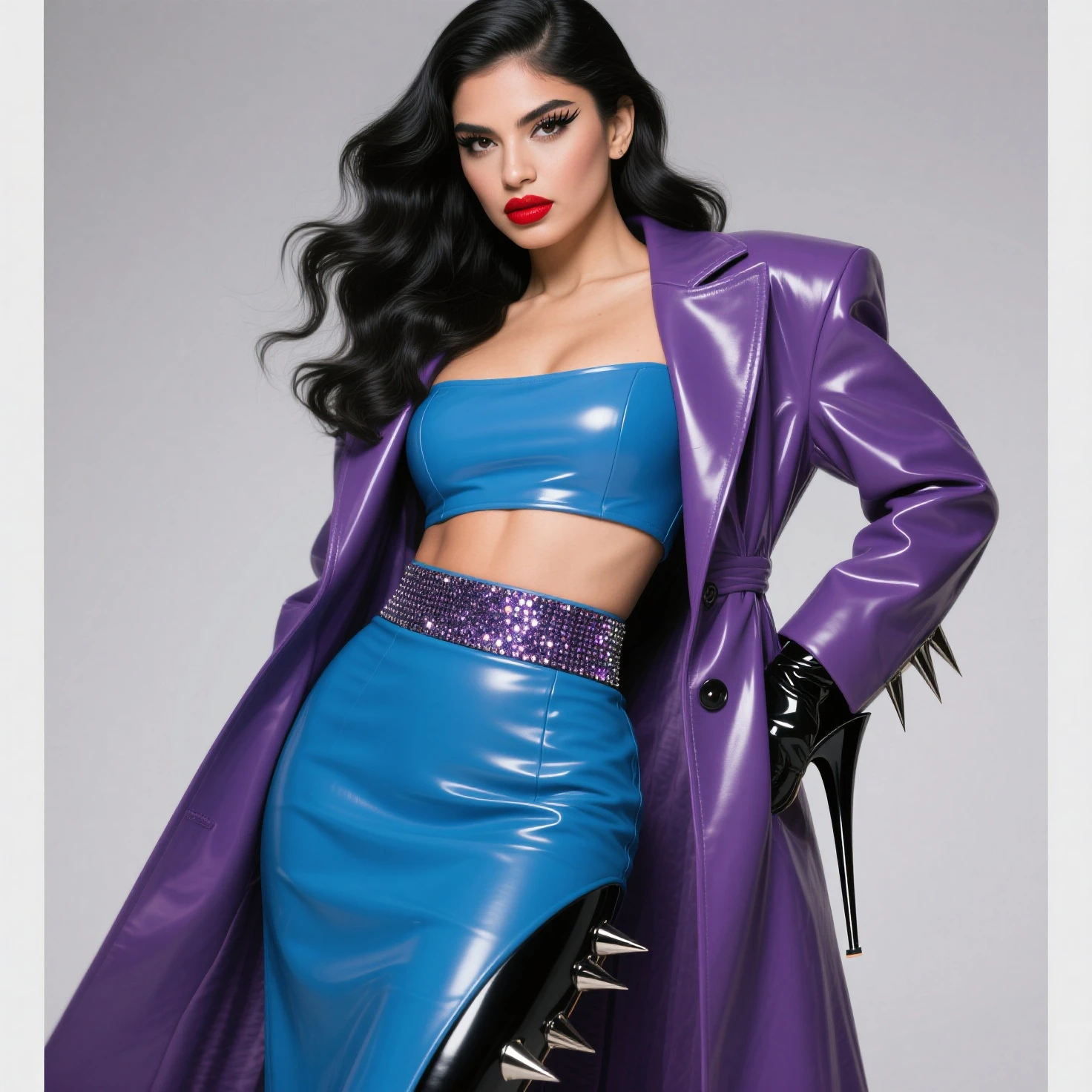 ((best quality,4k,highres,masterpiece:1.2)),((character concept art)), 1 female, age 23. Known for her love of high-end fashion and vibrant nightlife, Lily embodies the role of a modern, young, and affluent Asian-American girl. Her body language is as outgoing and confident as her personality, always exuding a vibrant energy. Lily's long, jet-black hair is often highlighted with streaks of vibrant colors typical of the ABG aesthetic. Her eyes are accentuated by dramatic, winged eyeliner and voluminous false eyelashes. She's wearing a bold, metallic bikini top, high-waist sequin shorts, and over-the-knee vinyl boots in a bold color. Additionally, she sports LED light-up bracelets and rings, retro-futuristic sunglasses, a neon faux fur shrug or bolero, and a holographic cross-body bag or belt bag. With multiple ear piercings and visible tattoos, she carries her ensemble with an air of unapologetic confidence. ((intricate detail)), super finely detailed hands, ultra finely detailed fingers((ten fingers)), (standing confidently), (full body showcase), (show full body), (no logos on background), (no logo), ((plain background)), ((plain background)), (((empty background))).