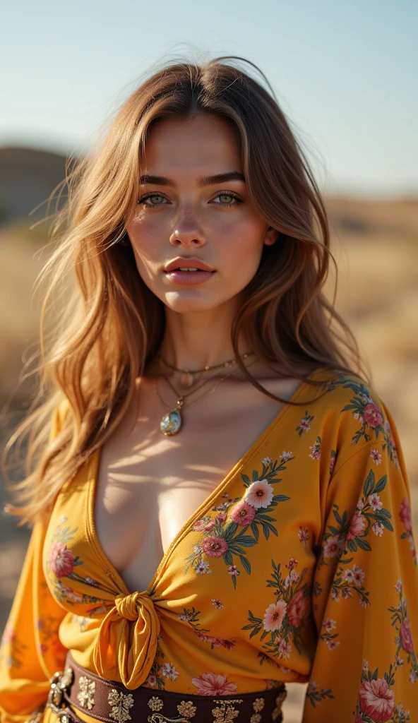 Camera shot style from "lee friedlander", ((upper body shot)), 1 beautiful female, a woman, wear Tropical Island Escape: Maxi dress, floppy hat, and sandals., messy hair futuristic, sunny day city street, enki bilal realistic, detailed eyes, detailed face, detailed texture skin, radiant light, immortal