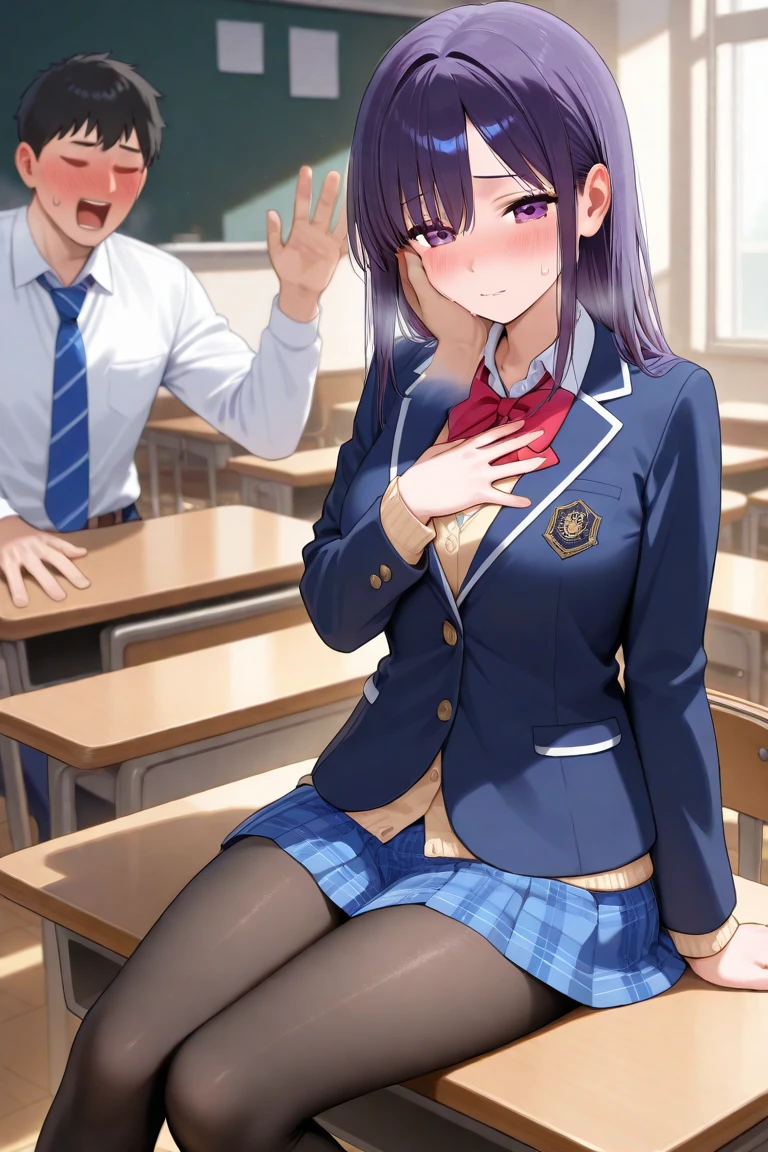 (best quality, ultra detailed:1.2),1girl,yuuka,blue_archive,dark purple hair,purple eyes,black halo,sidelocks,parted bangs,short two side up,long hair,business suit,black mini skirt,blue necktie,turime,bare legs,black boots,,large breasts,BREAK crying,(face close up:1.2),((1man and 1woman,fellatio,penis,))