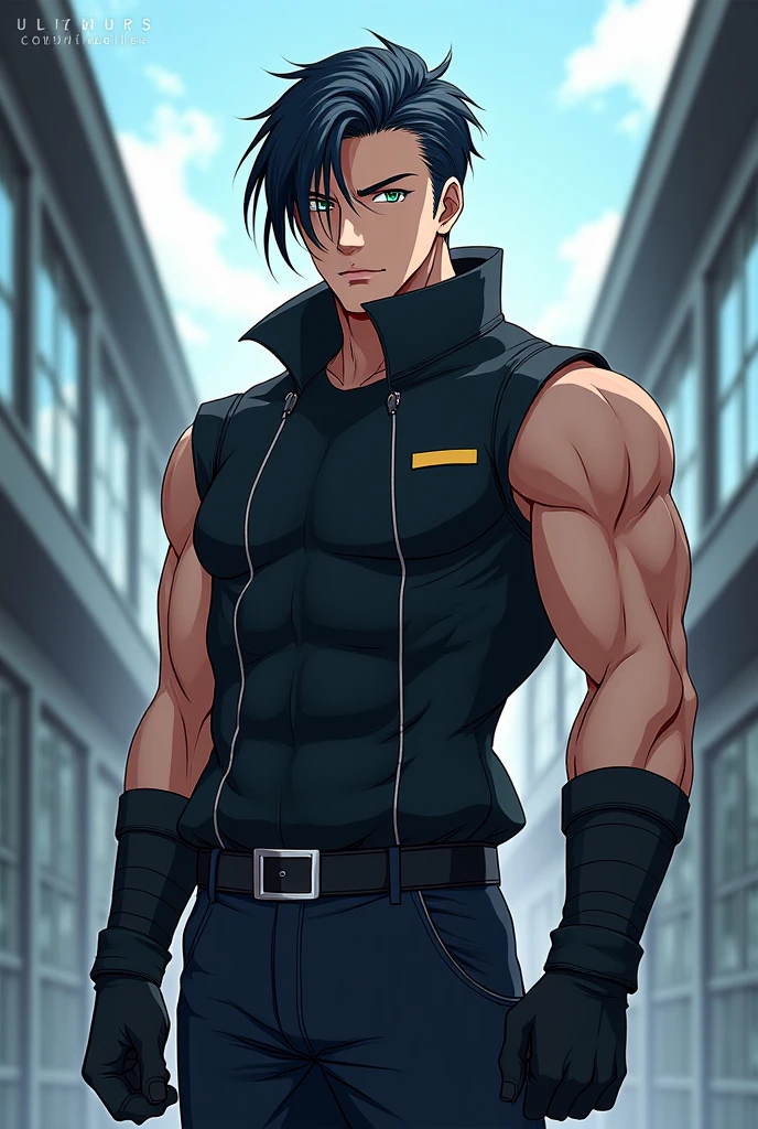 1 boy, single teenager, athletic body, somewhat stocky, messy burgundy neck-length hair, dark skin, tanned skin, green eyes, mole under right eye, somewhat athletic body, somewhat wide hips, black shirt, ripped jeans, leather black jacket, in a university, in a park