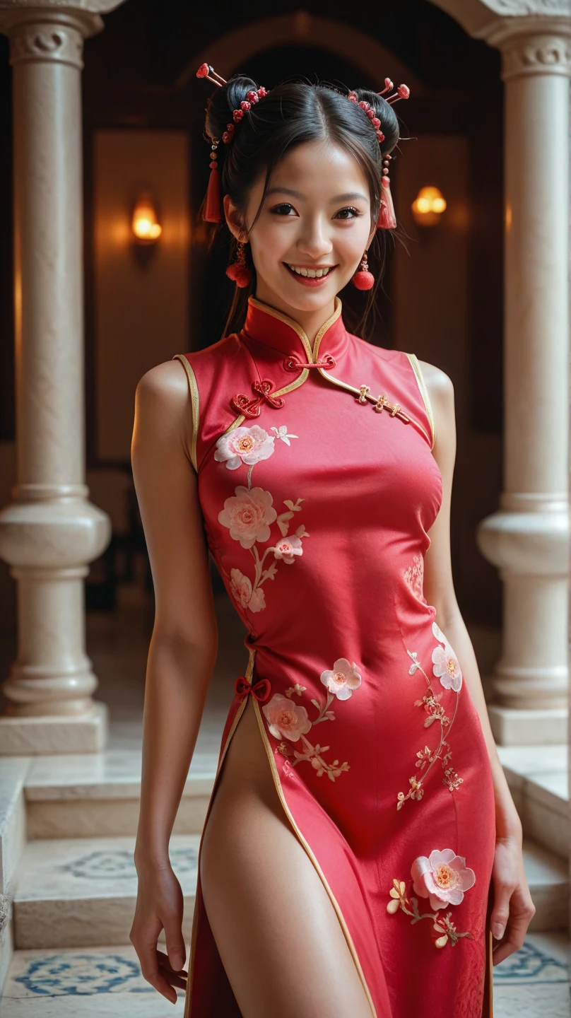 A woman in a red dress posing for a photo, wearing a red cheongsam, cheongsam, chinese dress, Chinese style, Chinese woman, Chinese woman, traditional Chinese, beautiful chinese model, traditional Chinese clothing, with ancient chinese clothes, lovely woman, chinese suit, captivating and tempting, traditional beauty, Ao Dai, beautiful south korean woman