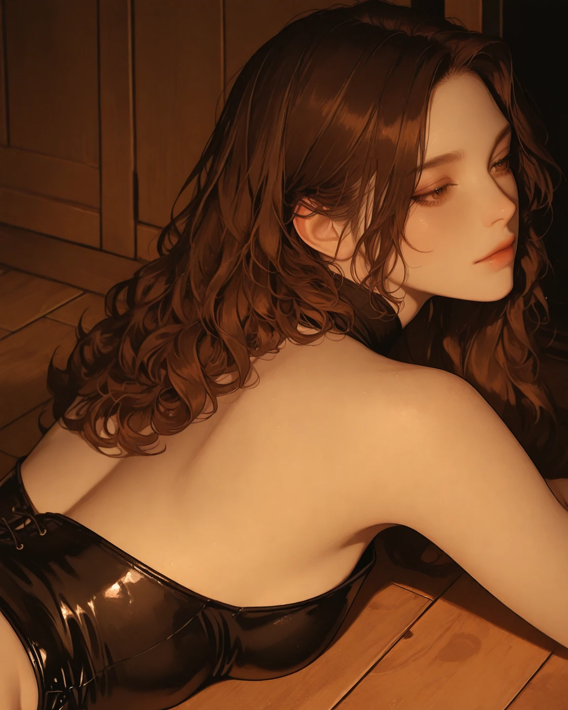 ((((masterpiece, best quality, high resolution)))), Extremely detailed 8K, Beautiful girl with voluptuous body, (crawling on the ground), (cleaning the floor), (seductive crawling on the floor), open legs, sideview, (Realistic red hair), (wavy single hair bun), (embarrassed), (beautiful face), (smile), blush, masterpiece, best quality, CG, HDR, illustration, wallpaper, absurdres, high-definition, extremely detailed, (lewd maid dress:1.2), (thong panty), ((high heels)), (Ultra HD, Ultra-detailed, Highly detailed, Highly realistic, Ultra-realistic, photograph realistic)