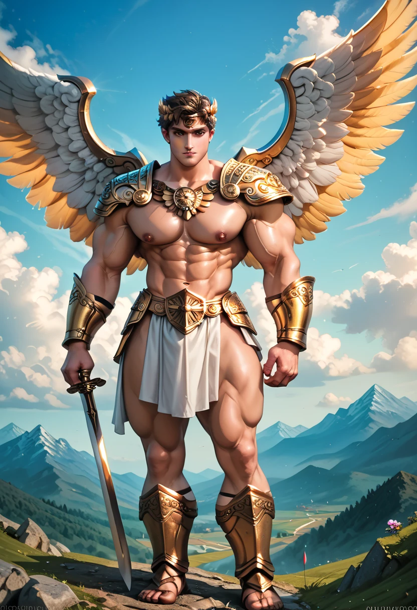 [Buff Toned Male Elf Hero cute Champion holding sword, proper proportions, male fairy handsome man, chest out, with blue and gold details, two large wings, enchanted kingdom in the background, bokeh, vibrant colors, order of priority, desirable assets, RTX textures, beautiful work, superb craftsmanship, masterfully aligned, extremely intricate, detailed features, defined edges, intense focus, HDRI SDR,  pic vid, hyper realistic, high quality, maximum resolution, epic composition, cinematic lighting, full shot]:0.5 --auto