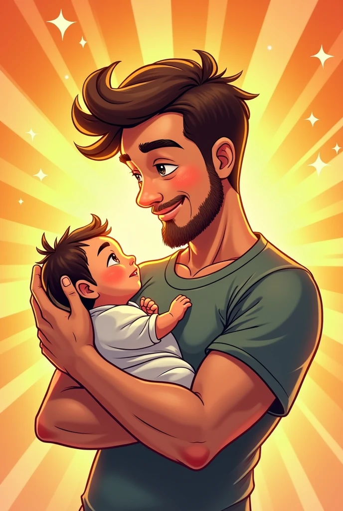 Convert this original picture to cartoon with baby in hand baby have less hair. Accurate