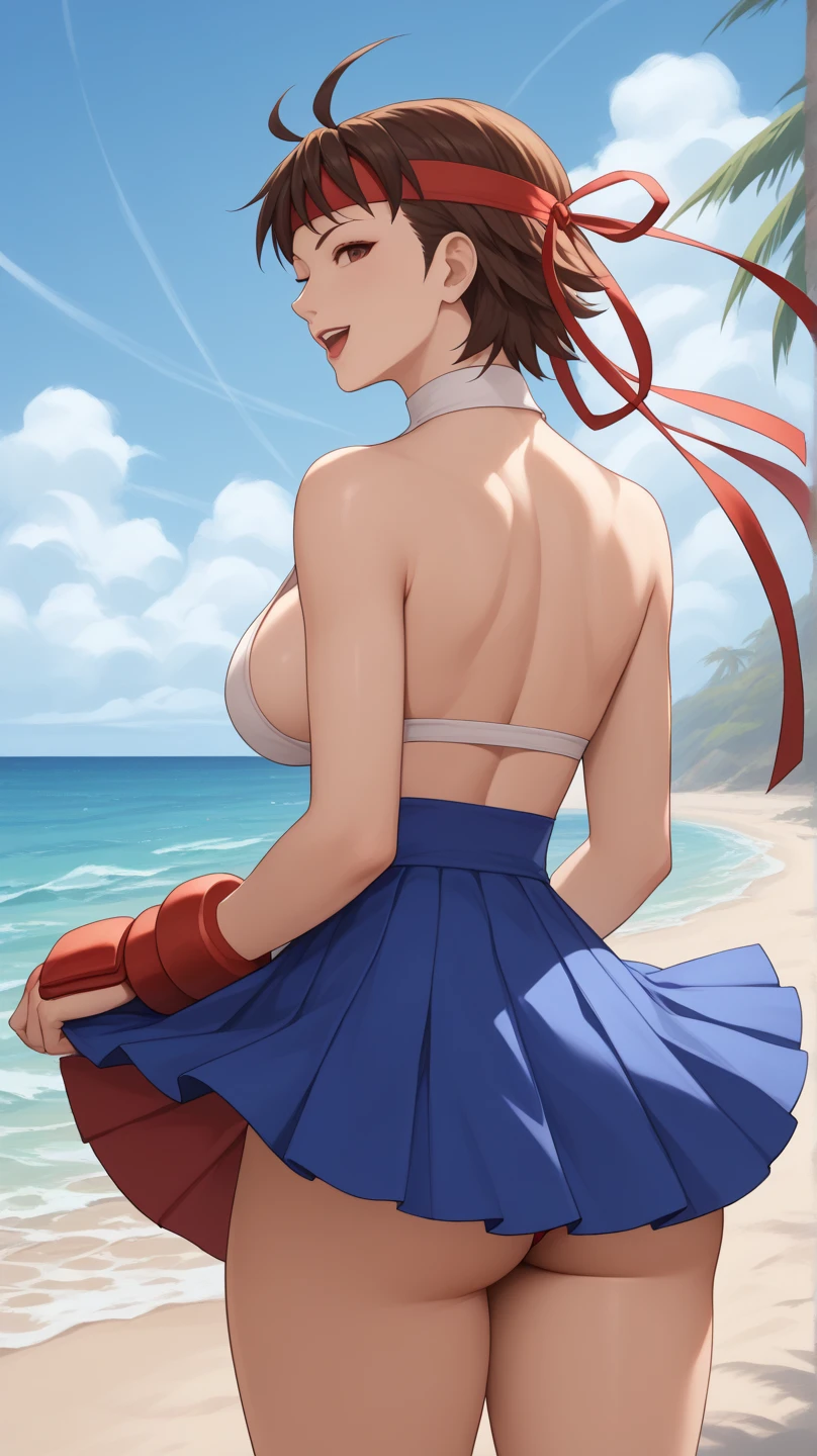 Lara Croft in elegant dress in tricolor blue white red