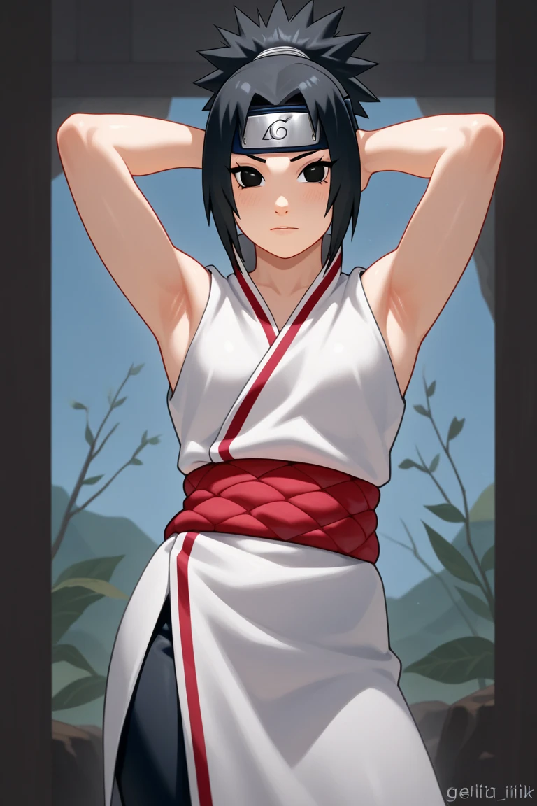 captura de tela de anime, pretohair, cabelo curto, preto, copos, sarada, preto eyes,magrelo, absurdos , 1 garota, seios pequenos, Sozinho, decote, boca aberta, olhando para o espectador, Sorriso, inclinando-se para frente, Da frente, blusa, corar, clavicle, amarrado, cabelo curto, seios pequenos, heart, fora do ombro, seios pequenos, :d, are about camel toe, visible camel toe, mesma cor do short,