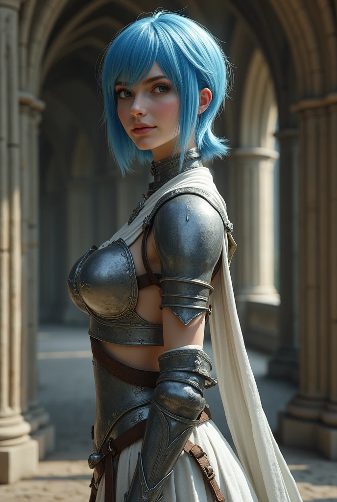 realistic portrait of cute young woman ((blue skin color)) cute smile, ((standing on stone wall)), wearing armor, short hair mega hair dreadlock, dark background lighting, close-up, detailed facial details, perfect face, sharpness, trend art, sharp facial details, ultra high quality, line art, high fantasy, exquisite, 4k, soft lighting 8k, dreamer--iso 100, anime, line art (extremely detailed 8k wallpaper), a portrait of a noble lady, the lord of the castle wife, wearing a golden plate armor, dramatic lighting and shadows, 8k resolution, intricate, high detail, dramatic, knight, female solo, hands resting on the sword, full body, stern look, pixie cut, gauntlets, gloves, breastplate, shoulder armor, black gloves, serious, hard, stern face, suit of armor, sword sheathed on the back, thick waist, huge breasts
