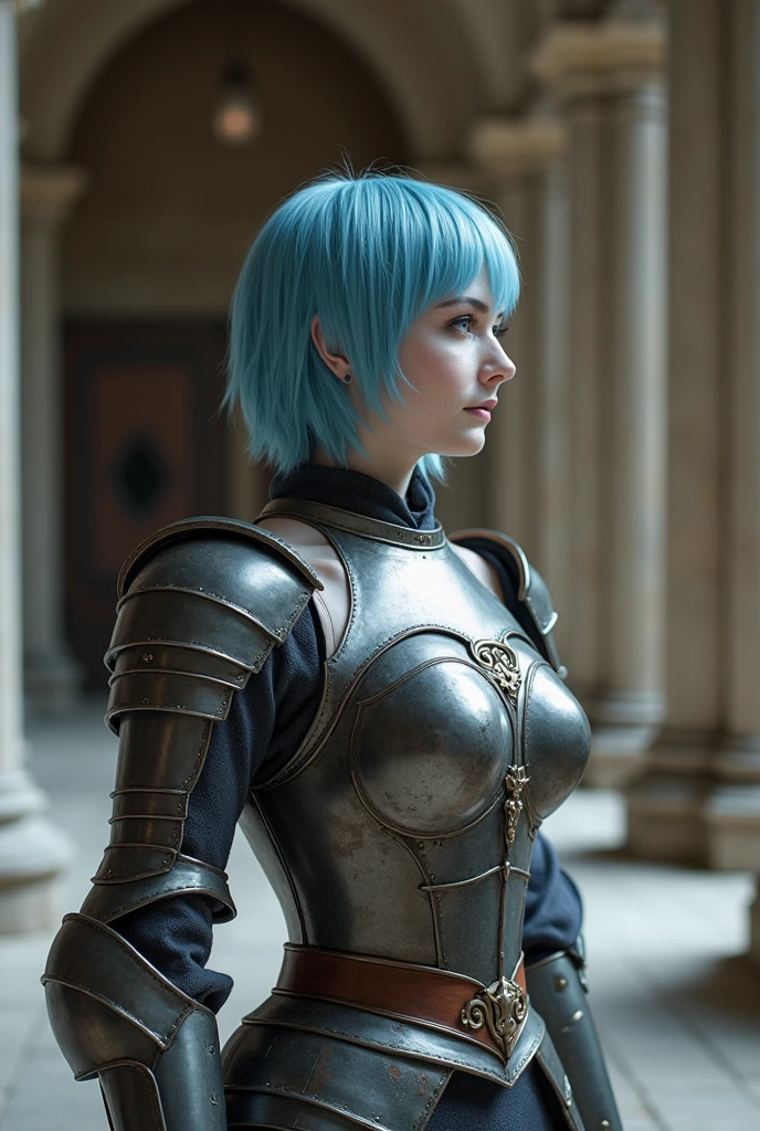 8K,超A high resolution,((Top image quality)), ((masterpiece)), (high-detail:1.3), jeanne d'arc,Blue eyes,Shorthair with green hair,A MILF,large full breasts,Attention paid to the details of the decoration of the chest armor,Waist and leg armor,Round shield on the left arm,beautiful expression,enchanted,A sexy,Scenes of armor damage during the war