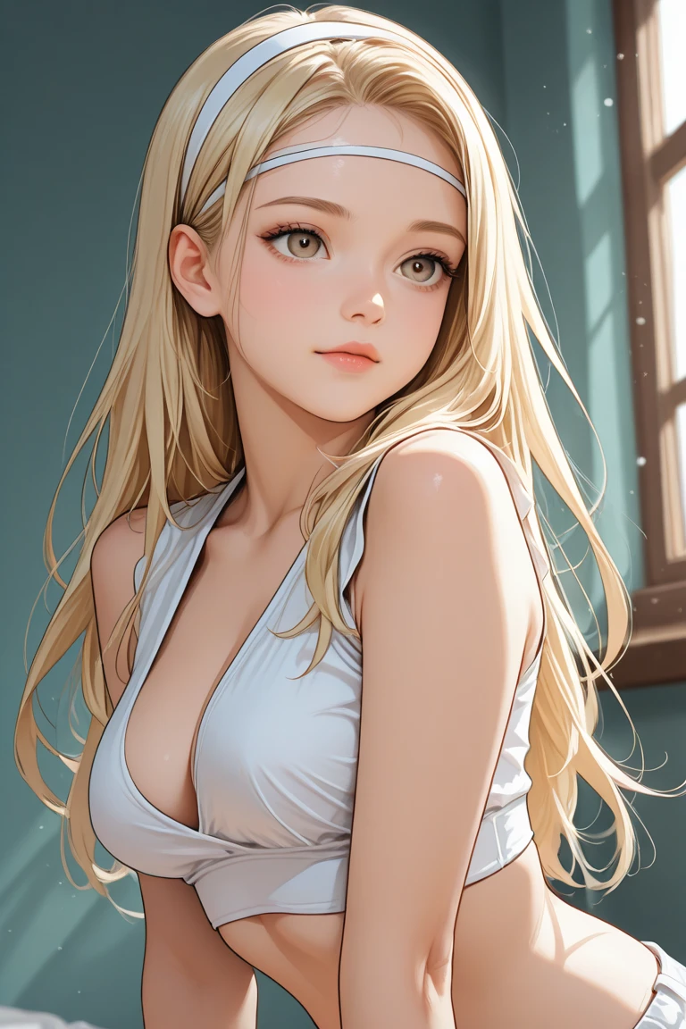 ((Front view shot)), ((A very cute girl sitting on the floor, And wear a white silk extremely micro string, a loincloth of white silk string, in a beautiful park)), ((A smug look)), ((Wearing a white silk V-neck shirt: 1.5)), ( :1.4), wearing white wet, 8K, RAW photogr, (highlydetailed skin:1.2), photography of, tmasterpiece, Best quality at best, (A beautiful white girl，With beautiful gorgeous light blonde hair, white skinned, beautiful soft