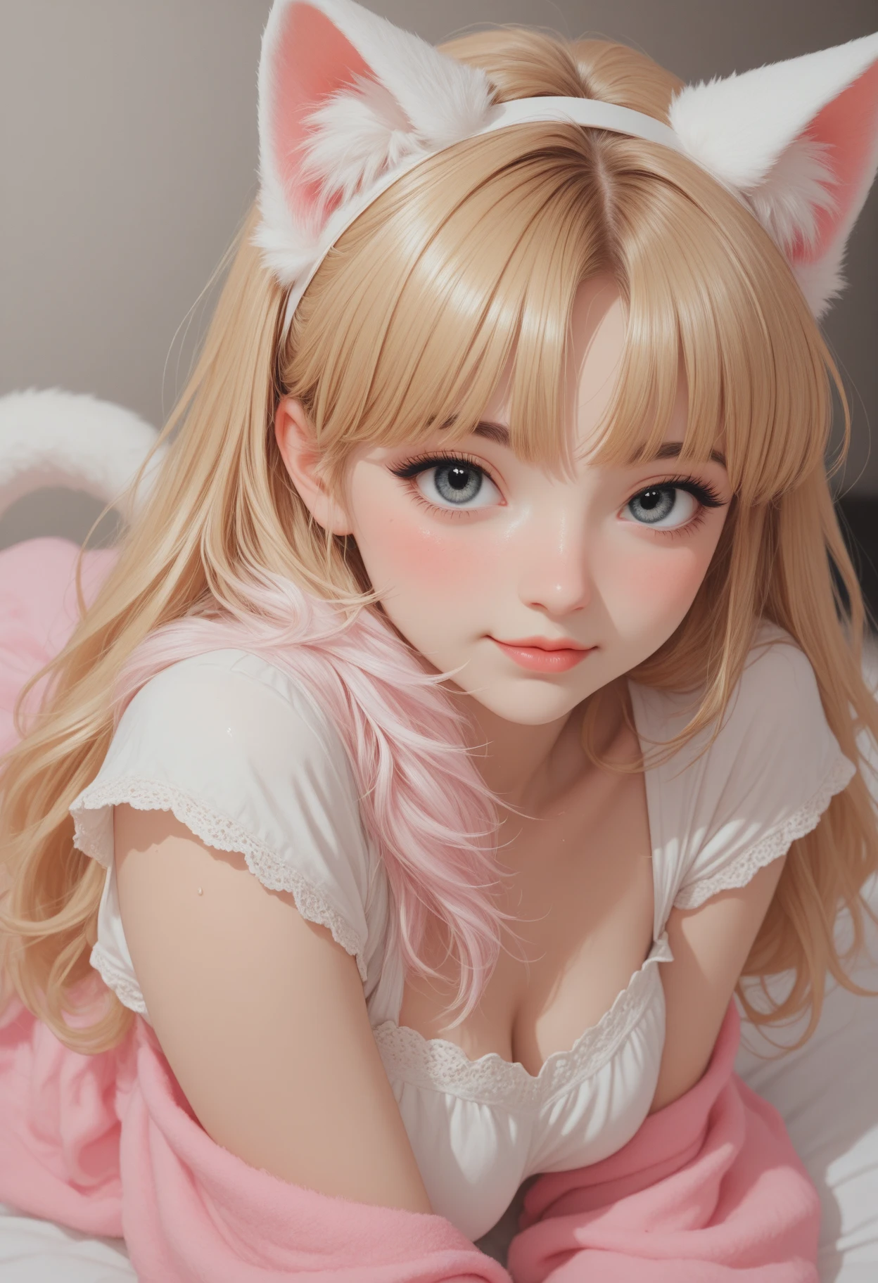 (RAW photo: 1.2), (photorealism: 1.4), top quality, beautiful detailed girl, huge file size, high resolution, 8k wallpaper, fine detail, highly detailed ticker uniform 8k wallpaper, hyper realistic, super detail, masterpiece, 13 year old girl, very detailed eyes and face, beautiful detailed eyes, light on face, movie lighting, energic pose, varied pose, ((beautiful small breast)), ((blonde curly hair)), (rabbit accessories on hair), (wearing colorful oversized t-shirt), best smile, (shot from below), ((full body))