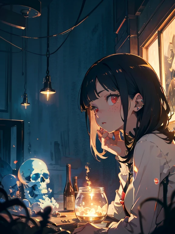 A girl with a half skeleton body. Knotting. Moody lighting. In the style of Adrian Ghenie, surrealism, Takato Yamamoto, Tim Burton. Anime girl. Guweiz. Pixiv.