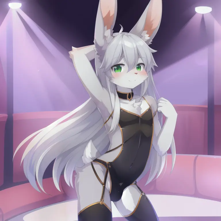 1boy, solo (thin:1.5), (twink), kemono, Furry, furry bunny, anthropomorphic, male, silver fur, green eyes, long hair, silver hair, strip club, revealing outfit, uploaded on e621,