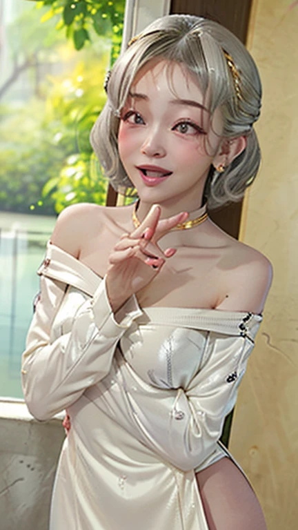 Enako,
One Woman,

((Silver Hair)),
Short Hair,
Bob cut hair,

Pearl bracelet,Golden Necklace,
Head ornament,

Natural skin texture,Slightly large breasts,Narrow waist,
lipstick,

Off-the-shoulder sweater,
pants,Thick belt,

Outdoor,Urban area,

Slightly larger breasts,Beautiful valley,expression(smile),Open your mouth,blush,from the front,Broken posture,
Leaning forward,

Beautiful eyes,
Depict the entire body,
Healthy Body,
Beautiful clavicle,
Natural hairstyle,
Natural facial contours,
Beautiful image quality,Delicate shades,4K,Very detailed,Delicate light adjustment,Delicate contour drawing,
