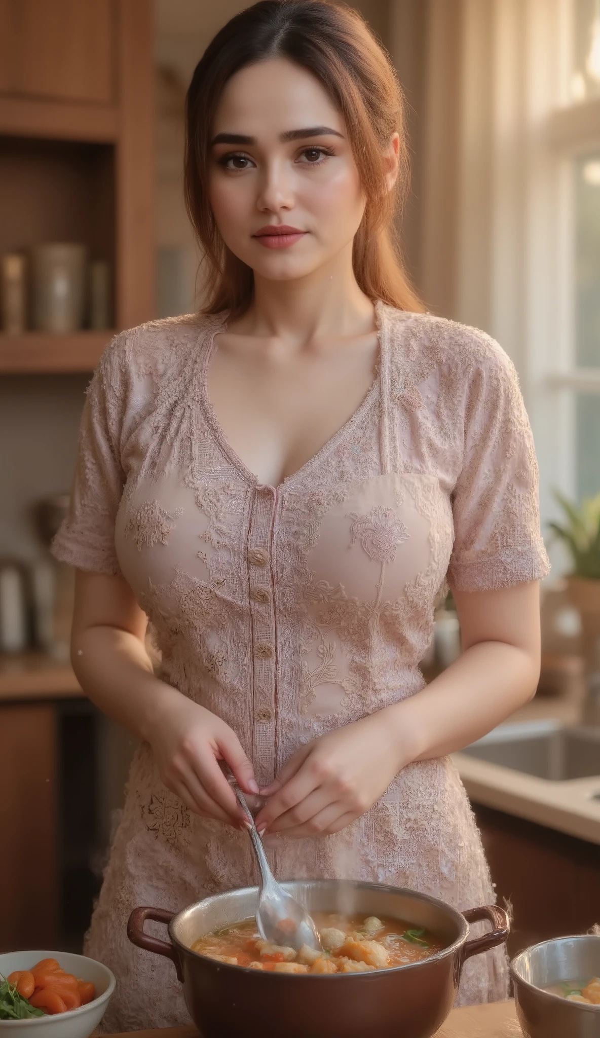 A stunning Indonesian woman with expressive eyes and tied-back hair, backlit by golden sunlight from the kitchen window. She stirs a pot of meatball noodle soup, wearing a delicately patterned apron. The backlight highlights her silhouette and creates a soft halo around her. Cinematic, warm glow, detailed face and textures, soft background blur, realistic photography, masterpiece lighting.
