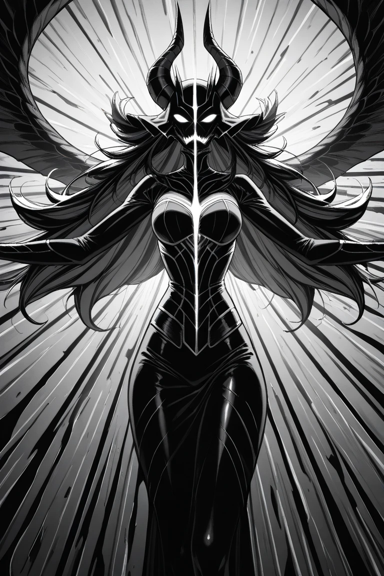 Create an image of Stunningly gorgeous beautiful perfect hr giger tattooed sexy seductive demonic girl, Stunningly gorgeous perfect flawless sexy face, hyper detailed neon ruby, large firm breasts, full body view, nude, no color black and gray only,
