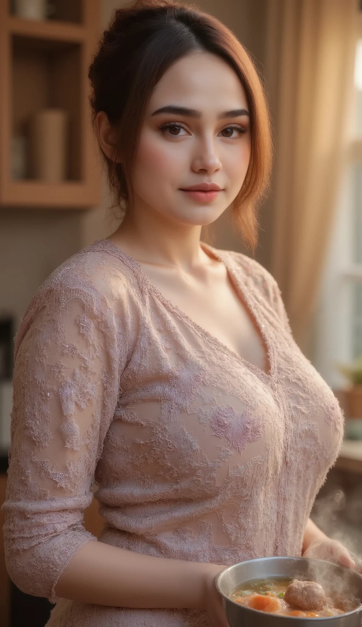 A stunning Indonesian woman with expressive eyes and tied-back hair, backlit by golden sunlight from the kitchen window. She stirs a pot of meatball noodle soup, wearing a delicately patterned apron. The backlight highlights her silhouette and creates a soft halo around her. Cinematic, warm glow, detailed face and textures, soft background blur, realistic photography, masterpiece lighting.
