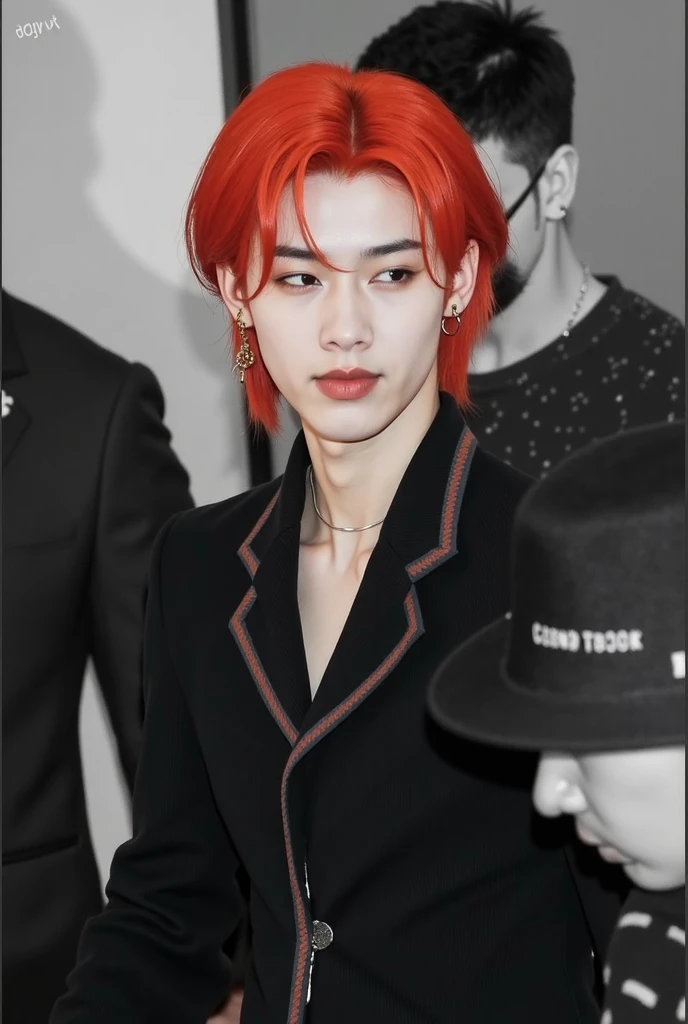 arafed male with red hair and piercings on Lower lip and left eyebrow, sitting in a chair, cai xukun, jungkook, hyung tae, wearing a black and red suit, hong june hyung, inspired by Kim Deuk-sin, jia, crimson red hair and red eyes, jinyoung shin, with red hair, taejune kim, handsome japanese demon boy, beautiful androgynous prince