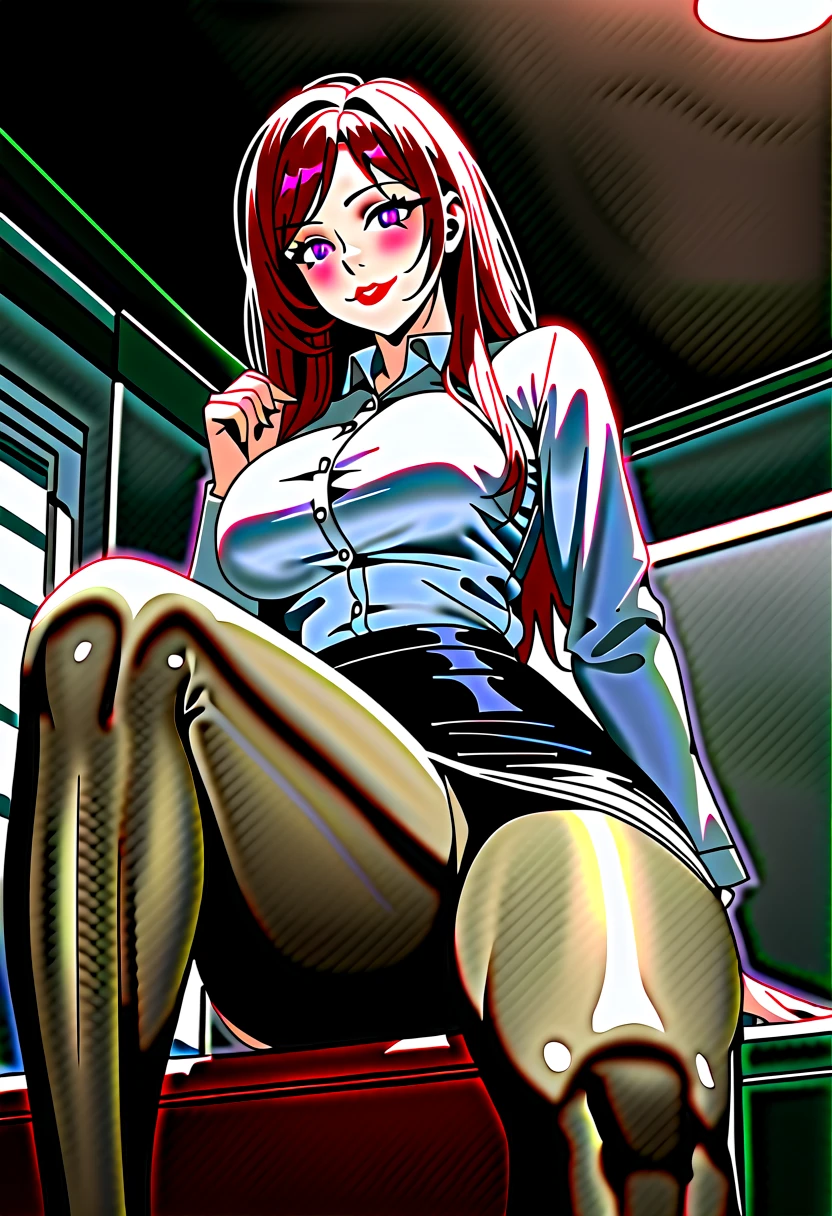 delicate, masterpiece, beautiful detailed, finely detailed, intricate details, (realistic:1.2), (flattering lighting:1.2), (film noise:1.4), (full body), (detailed face), (masterpiece), (best quality), (ultra detailed), (illustration), (Highres) (Detailed illustration) Ultra-detailed, blue eye color, (light blue eye color), detailed face, detailed glassy eyes, (hime haircut), hime hair, (straight bangs), light red hair, ((huge breasts)), muscular abdomen, cyborg, teenager, athletic body, muscular, mechanical limbs, oppai, epicanthal folds, monolid eyes, long hair, smug, smug expression, mischievous smile, simple background, bedroom, japanese teenager, oversized tee, pajamas, oversized t-shirt, baggy t-shirt, pajama shirt, see-through shirt, g-string, thong, exposed panties, small girl with huge breasts, young woman, slim build, ((thigh high socks)), long gloves, (opera gloves), stretched shirt, pale skin, open robe,