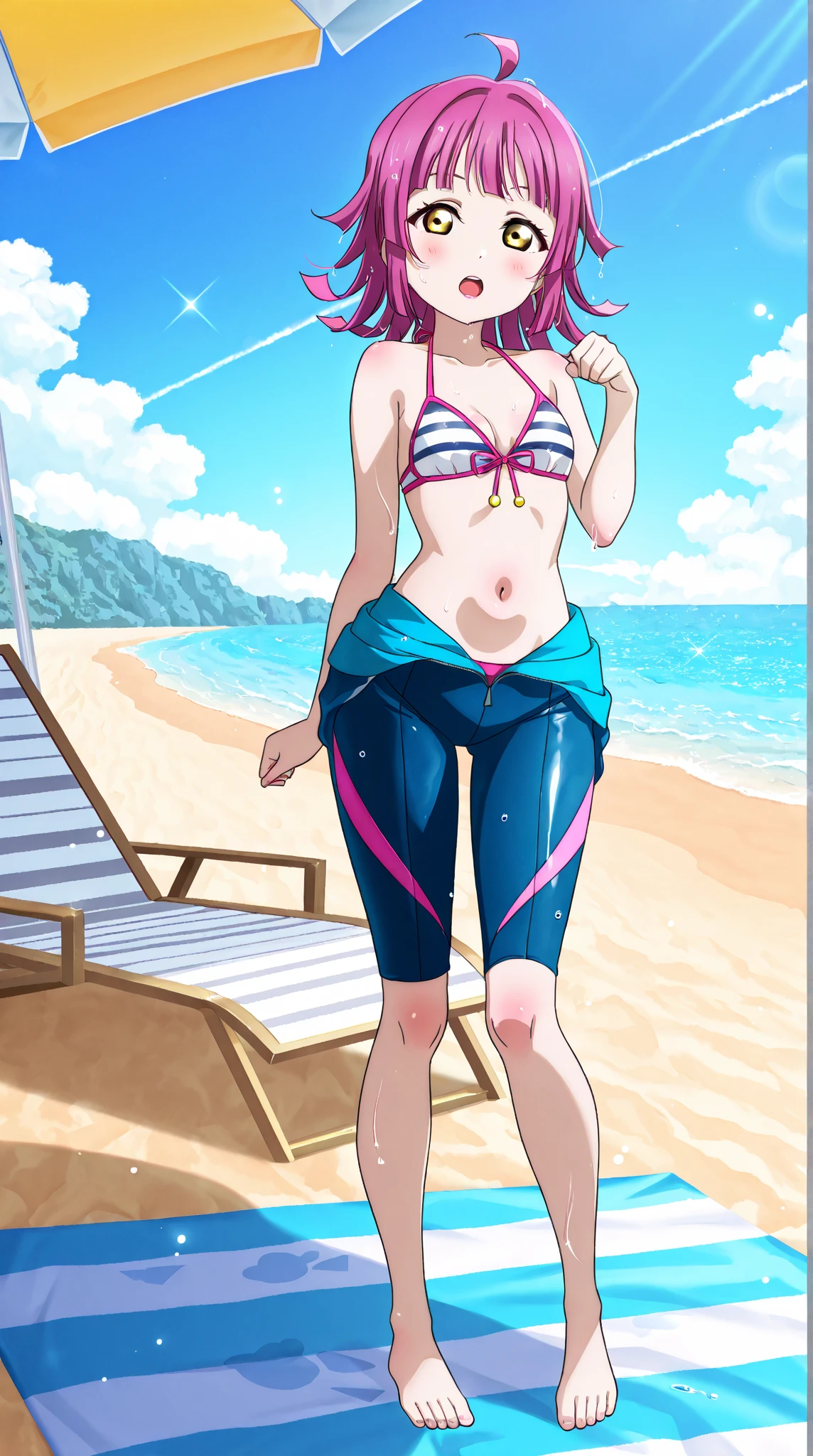 (Slingshot bikini:1.1)sad, farm backround, Full body, looking at viewer, 1girl, solo, short pink hair, (dark blue choker),