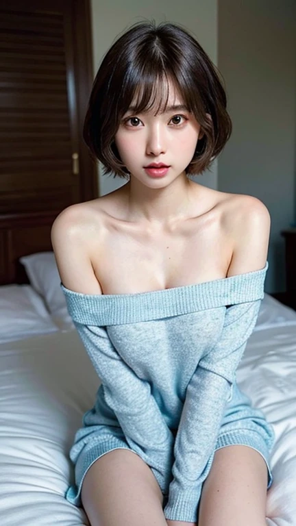 (High resolution:1.3), (16k, Photorealistic, Raw photo, Best image quality: 1.4), Japanese, (One Girl), Beautiful Face, (A vivid face), (Black-haired、short hair:1.3、bangs:1.2), Beautiful Hairstyles, Realistic eyes, Beautifully detailed eyes, (Realistic Skin), Beautiful skins, attractive, 超A high resolution, Surreal, High detail, Golden Ratio, Highly detailed cute girl,(20-year-old), ((Button Gap)), Sexy sculpture-like pose
