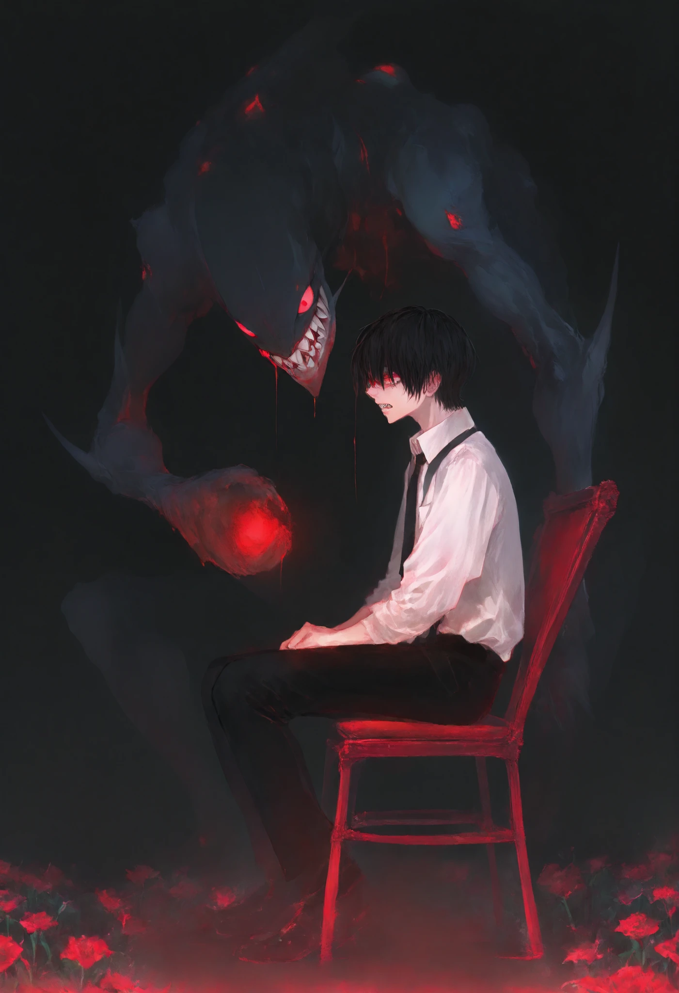 sitting, black pants, shirt, pants, teeth, white shirt, chair, 1boy, short hair, blood, red eyes, sharp teeth, black necktie, monster, male focus, flower, glowing, necktie, black hair, dark background, collared shirt, black background, from side 