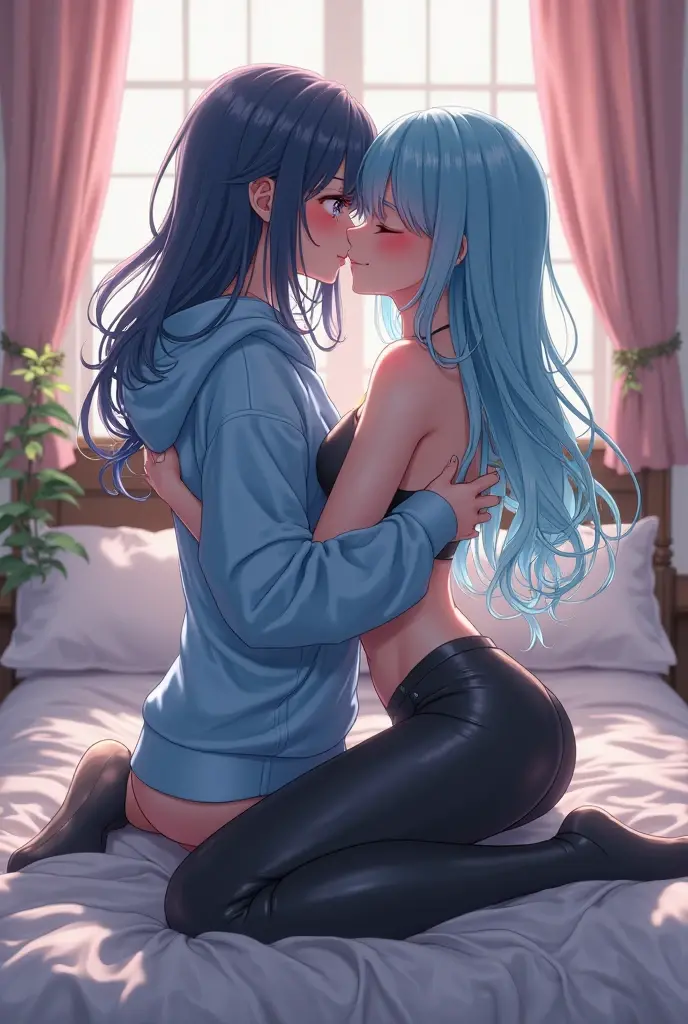 best quality,best resolution,(fluffy anthro furry :1.3),blue cat girl,mint cat girl,long hair,wavy hair,lesbians,huge sakura garden,plenty sakura petals in the air,romantic light,lying,naked,french kissing