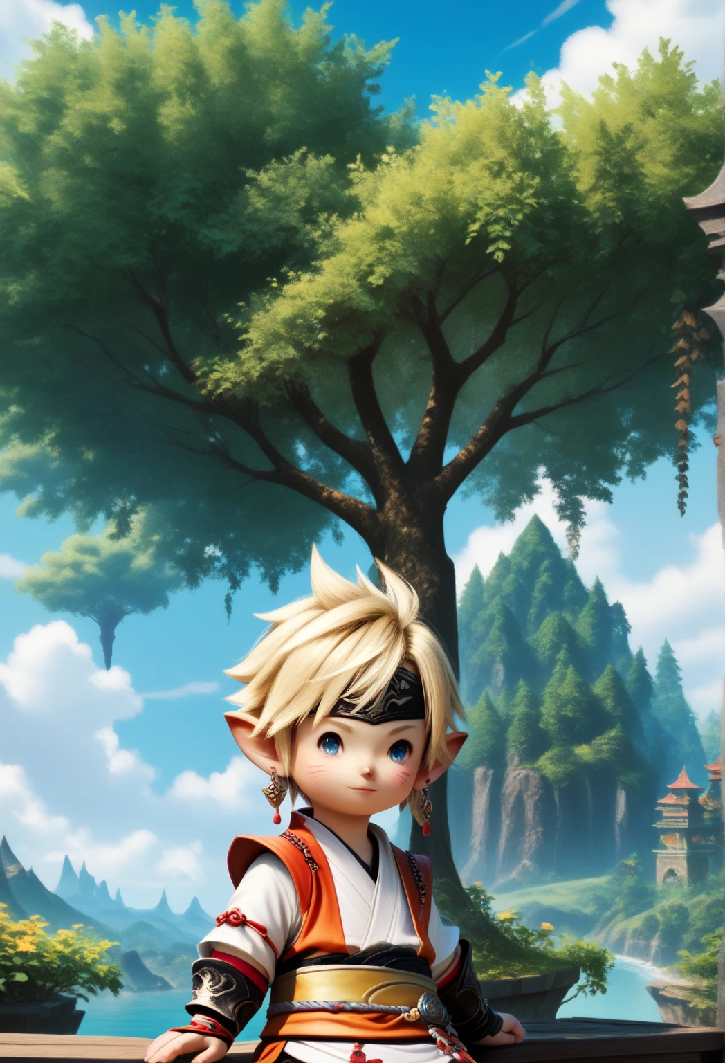 LalaTater, Lalafell, 1boy, final fantasy samurai gear, blue eyes, cloud, day, earrings, fantasy, jewelry, looking at viewer, male focus, blonde hair, outdoors, sky, tree, chibi, , puntable BREAK PonyXLV6_Scores