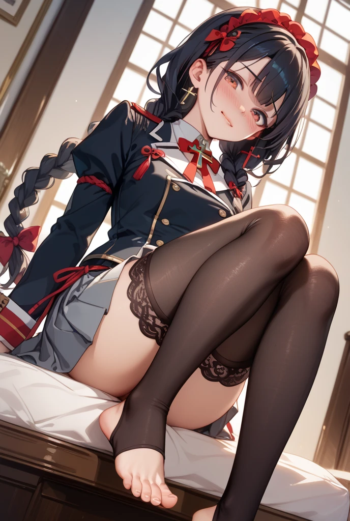Pretty girl, low teen, twin-tailed hair, slightly sagging eyes, cat ears, silver-rimmed glasses, (Gothic Lolita clothes miniskirt lift: 1.5), Small tits, (areola and nipple protruding), (sheer red panties that dig into the crotch), (legs spread wide), (show crotch wide apart), (sitting on the sofa: 1.2), bedroom, adorable, cute face, Facing the audience, little blush, slender body, beautiful, ultra high resolution, ultra high definition, MASTERPIECE, photorealistic quality, sharp focus, depth of field, from below