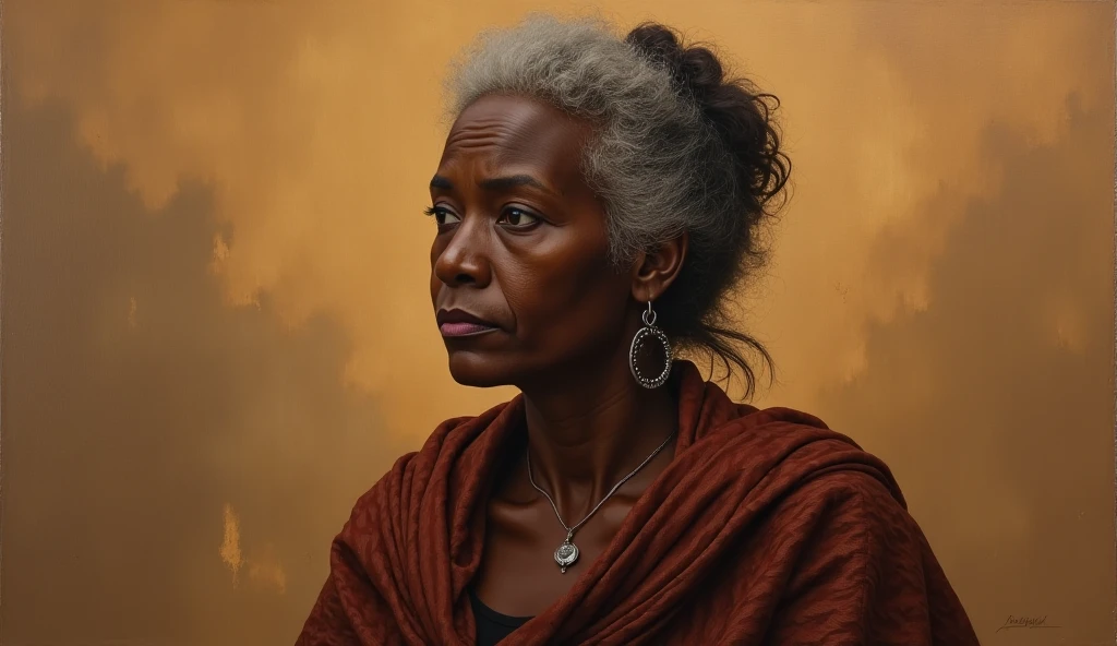 Black woman. old. Tired. Wrinkles. Curly hair. Tired eyes, soft smile.