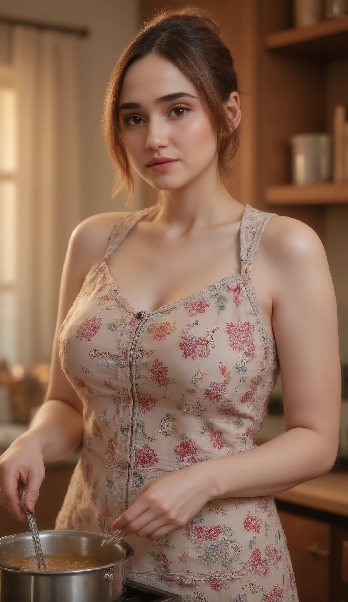 A stunning woman with expressive eyes and tied-back hair, backlit by golden sunlight from the kitchen window. She stirs a pot of meatball noodle soup, wearing a delicately patterned apron. The backlight highlights her silhouette and creates a soft halo around her. Cinematic, warm glow, detailed face and textures, soft background blur, realistic photography, masterpiece lighting.
