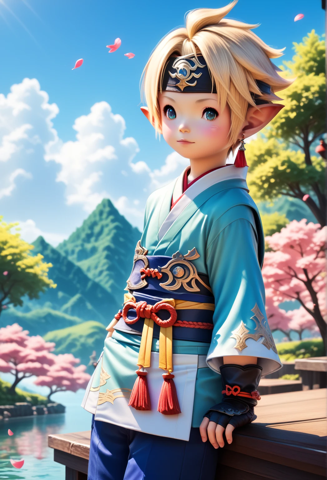 LalaTater, Lalafell, 1boy, final fantasy samurai gear, blue eyes, cloud, day, fantasy, looking at viewer, male focus, blonde hair, outdoors, sky, sakura tree, cherry blossom, chibi, , puntable BREAK PonyXLV6_Scores
