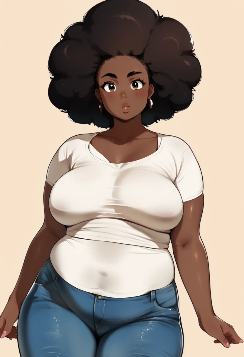 Anime illustration of dark brown skin latina girl, 25 yesr old, plus size, curvy, overweight, black eyes, black curly hair, big lips, anime, sleek design