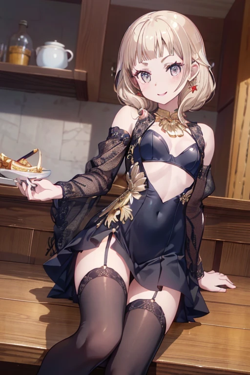 (small breasts:1.2), (perky chest:1.2), (pointed chest:1.2), (Pudding cake magazine cover:1.3),(from above:1.0),(shoot from the side:1.1),masterpiece, 1girl, Amazing Cleavage:1.1, thin waist, optimum,tmasterpiece,hight resolution,best qualtiy,hyper HD,super detailing,awardwinning,a 18yo cute girl,(The upper part of the body),anatomy correct,Beautiful Black miniskirt,garters,Gaze,Small face,bangss,holster,Beautuful Women,hands up,leg holster,Gaze,black boots,Cowboy Shot,cute face,a blond,Longhaire,Twin-tailed,Braids, Hairline,(scarlet eyes),long eyelasher,Hanging eye corners,White skin of the, ((see through camisole:1.1)), ((Sheer nipples:1.0)),Rocket Tits,(Slim body),smile,seductive weak smiling,(with sparkling eyes and a contagious smile),little open mouth, Looking at Viewer,