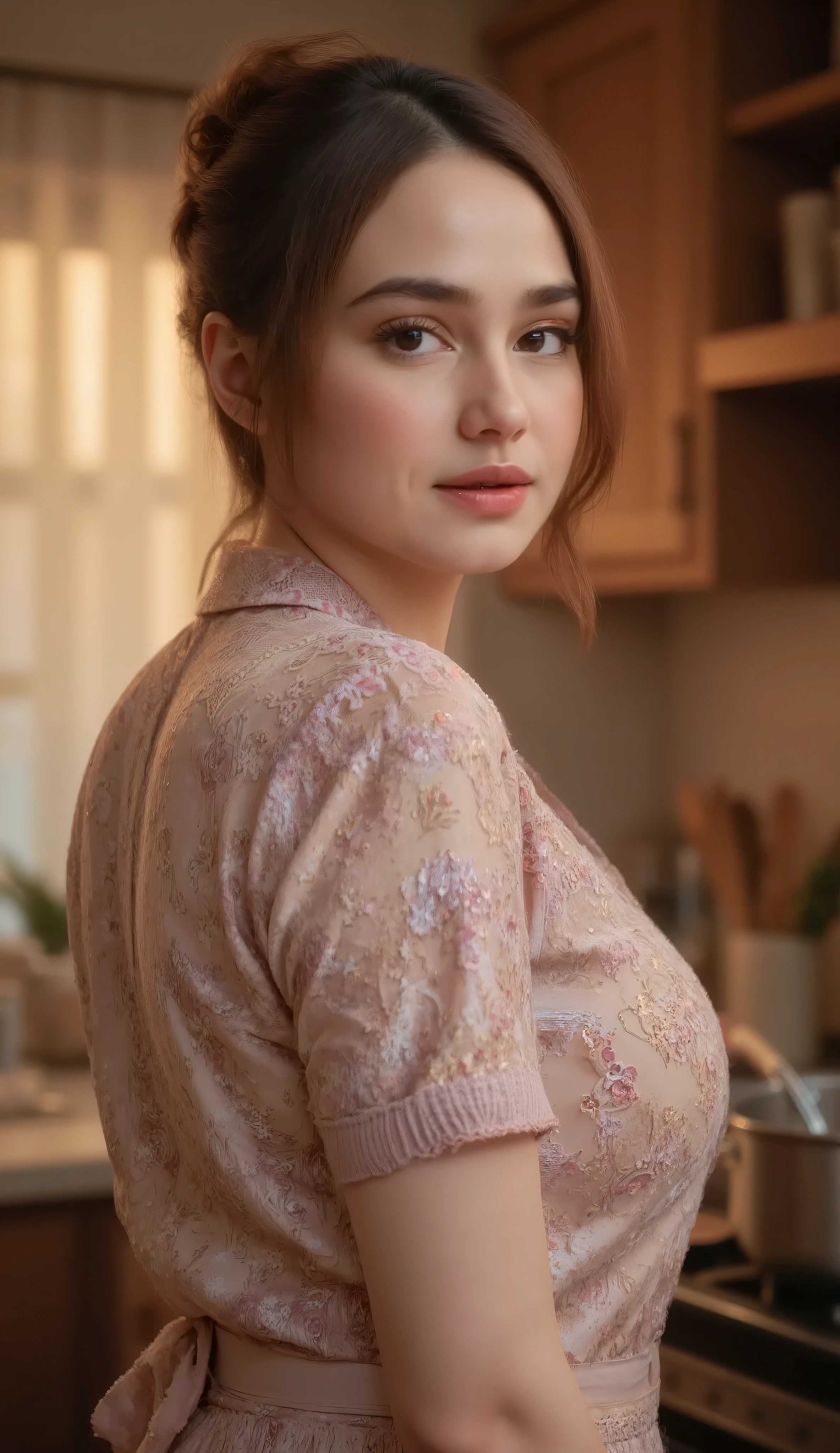A stunning woman with expressive eyes and tied-back hair, backlit by golden sunlight from the kitchen window. She stirs a pot of meatball noodle soup, wearing a delicately patterned apron. The backlight highlights her silhouette and creates a soft halo around her. Cinematic, warm glow, detailed face and textures, soft background blur, realistic photography, masterpiece lighting.
