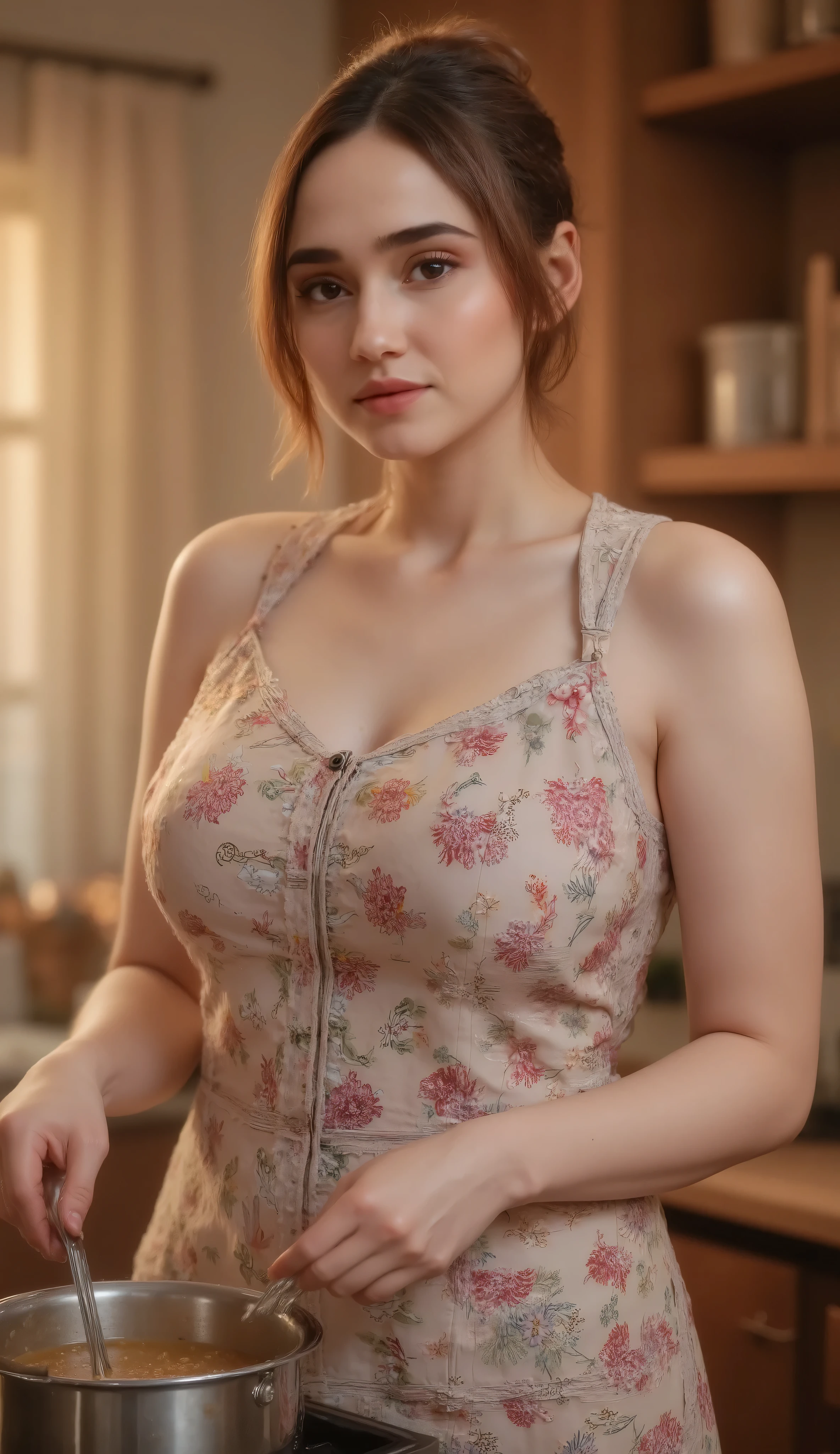 A stunning woman with expressive eyes and tied-back hair, backlit by golden sunlight from the kitchen window. She stirs a pot of meatball noodle soup, wearing a delicately patterned apron. The backlight highlights her silhouette and creates a soft halo around her. Cinematic, warm glow, detailed face and textures, soft background blur, realistic photography, masterpiece lighting.
