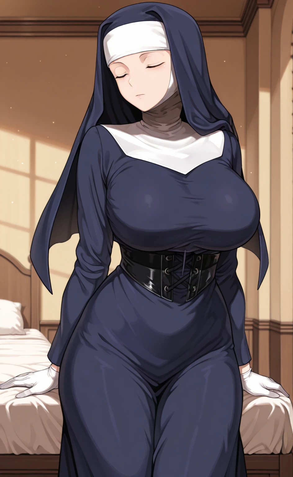 (Best quality,Unbeatable masterpiece:1.4),Ultra-detailed CG 4K,Purple colored hair,nun headdress,比基尼,high-heels,humongous large breast,rendering,humongous large breast,squatting on the ground,Most of them