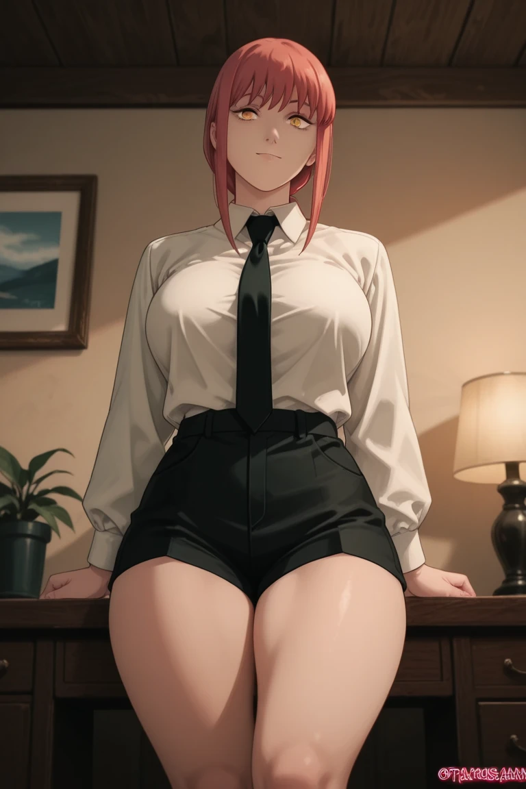 A beautiful woman, beautiful youth, big chest, pink hair, cut her brown eye, dresses with a white button shirt tied in a knot, shows her navel, a sensual curve, and her black skirt in the office, wearing transparent net socks.