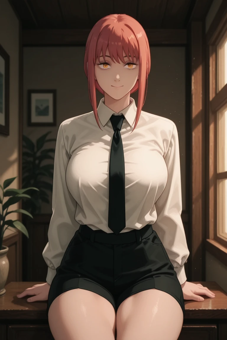 run away, run away, long whitr hair, ssmile, By bangs, little breast, (yellow-eyed:1.2), woven, redheadwear, braidedponytail, eye socket, break shirt, longer sleeves, jaket, white  shirt, tiese, collared shir, , Black jacket, white under lingerie、 Bitchsuit, black necktie, The shirt is tucked in, Female office staff, BREAK indoors, office room, BREAK looking at viewer, BREAK BREAK BREAK (On the table:1.2), Best quality at best, A high resolution, Unity 8k壁纸, (illustratio:0.8), (美丽细致的眼睛:1.6), The facial details are particularly rich, perfect litthing, Extremely detailed CG, (Perfect hands, perfect anatomia)、open your jacket