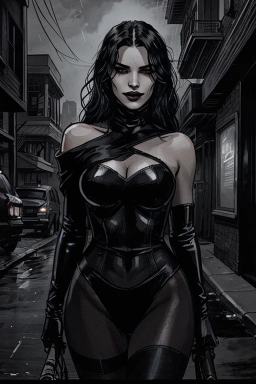 8k, best quality, beautiful muscular adult woman, wearing a large wide helmet with angular eyeholes cut out, biker, very muscular, very tall, large breasts, exaggeratedly bulky body frame, broad shoulders, lusty expression, antagonistic grin, athletic, fit, pale white skin, 8 feet tall, muscular thighs, shredded waist, glowing green eyes, beautiful, strong, TALL, hdr, tight black slacks, tight black tee, mid-length black leather vest, black goth eyeliner, long hair, green eyes, matte black lipstick, outside, sunny day, emerging from a destroyed building